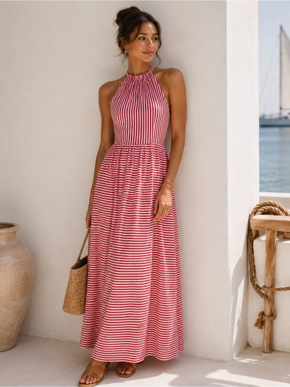 CK Bradley Red & White Striped Maxi Halter Dress Size Small